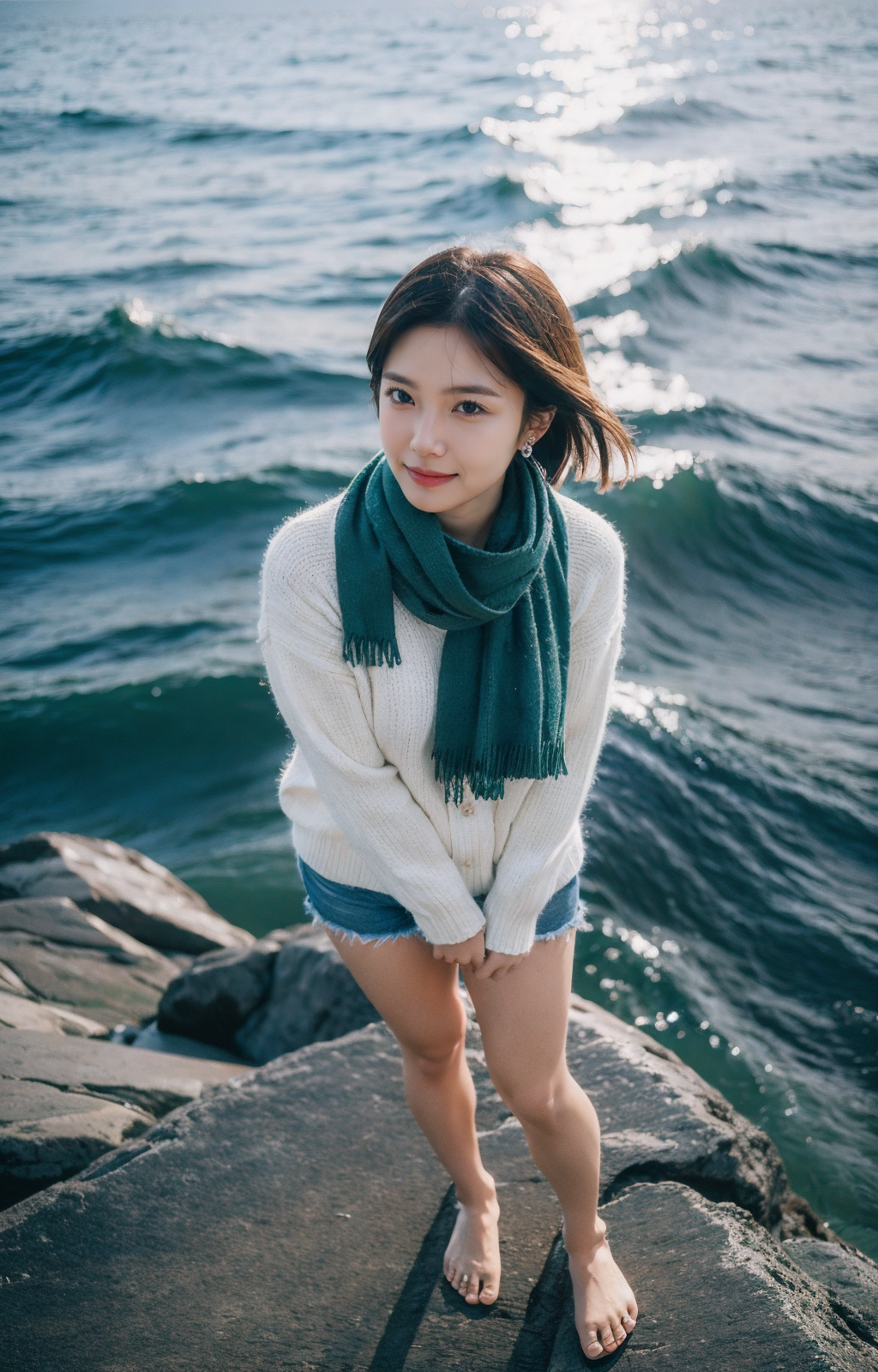 00349-4169042344-8K,raw,from above,1gril,solo,full body,sorrow,long legs,sweater,Dark green scarf,sea,The glimmer of the sea,KODAK Ektar 100,(Fil.png